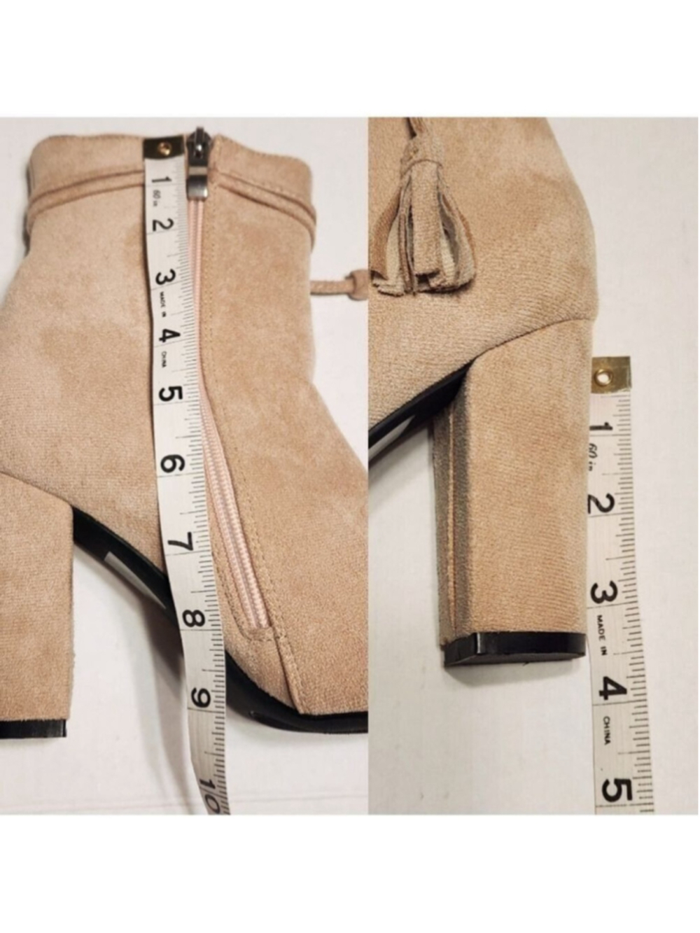Beige Faux Suede Tassel Block Heel Side Zip Ankle Booties Size 7 - Picture 11 of 11